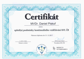 Certifikáty a diplomy MVDr. Daniela Piskoře